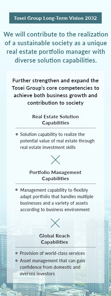 Tosei Group Long-Term Vision 2032 We will contribute to the realization of a sustainable society as a unique real estate portfolio manager with diverse solution capabilities. Further strengthen and expand the Tosei Group's core competencies to achieve both business growth and contribution to society.「Real Estate Solution Capabilities」Solution capability to realize the potential value of real estate through real estate investment skills×「Portfolio Management Capabilities」Management capability to flexibly adapt portfolio that handles multiple businesses and a variety of assets according to business environment×「Global Reach Capabilities」Provision of world-class services Asset management that can gain confidence from domestic and oversea investors.