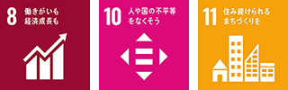 8. 働きがいも 経済成長も、10. 人や国の不平等をなくそう、11. 住み続けられるまちづくりを